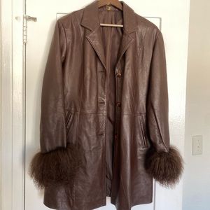 Vintage 90s/y2k brown leather jacket with Mongolian fur trim